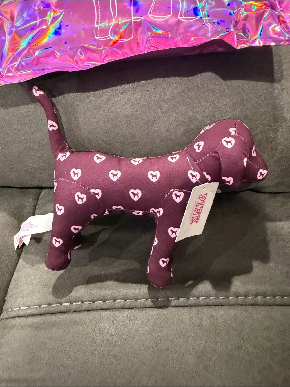 PINK Victoria's Secret Dark Plum Plush Dog with Light Pink Heart Print